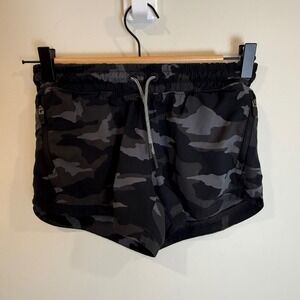 Athleta Girl Camo Athletic Shorts M 8-10 Black Gray Zip Pockets Drawstring